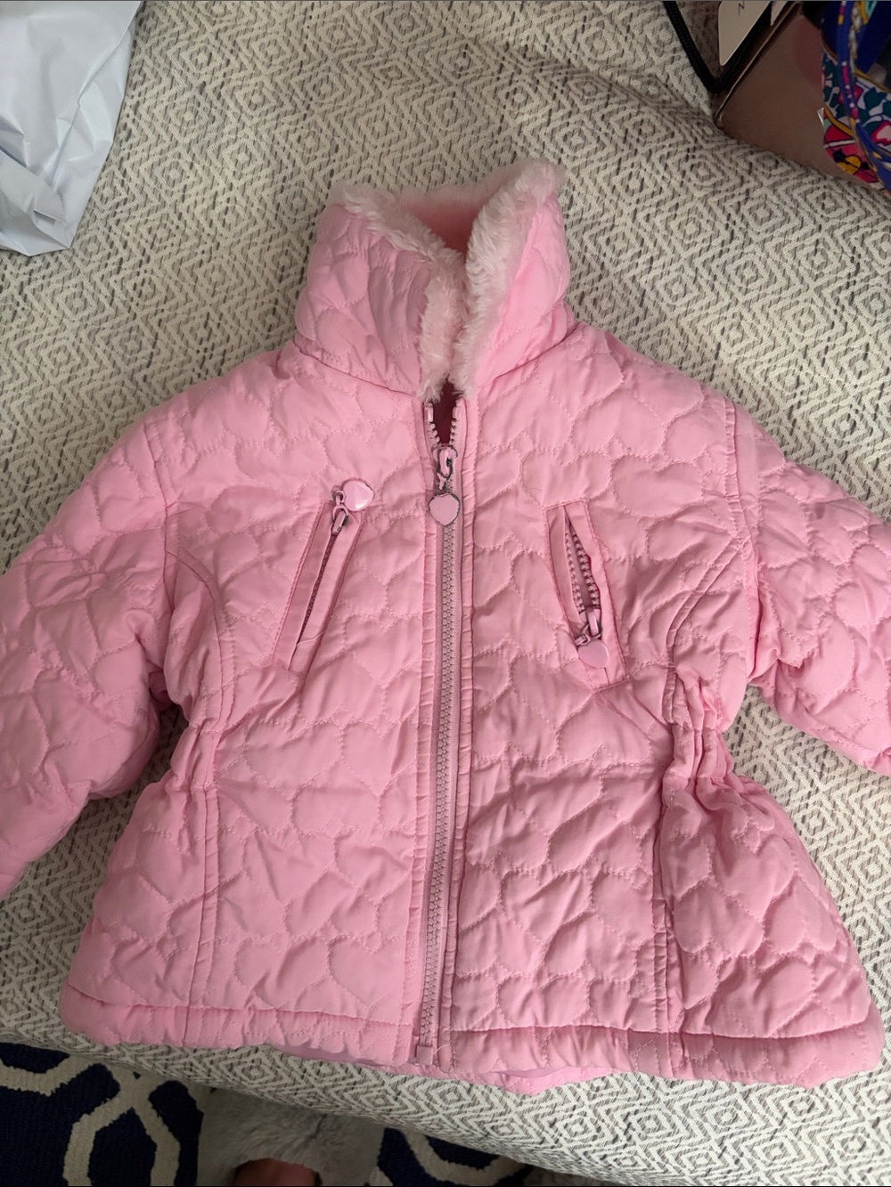 Girls' Light Pink Quilted Puffer Jacket with Faux-Fur Trim